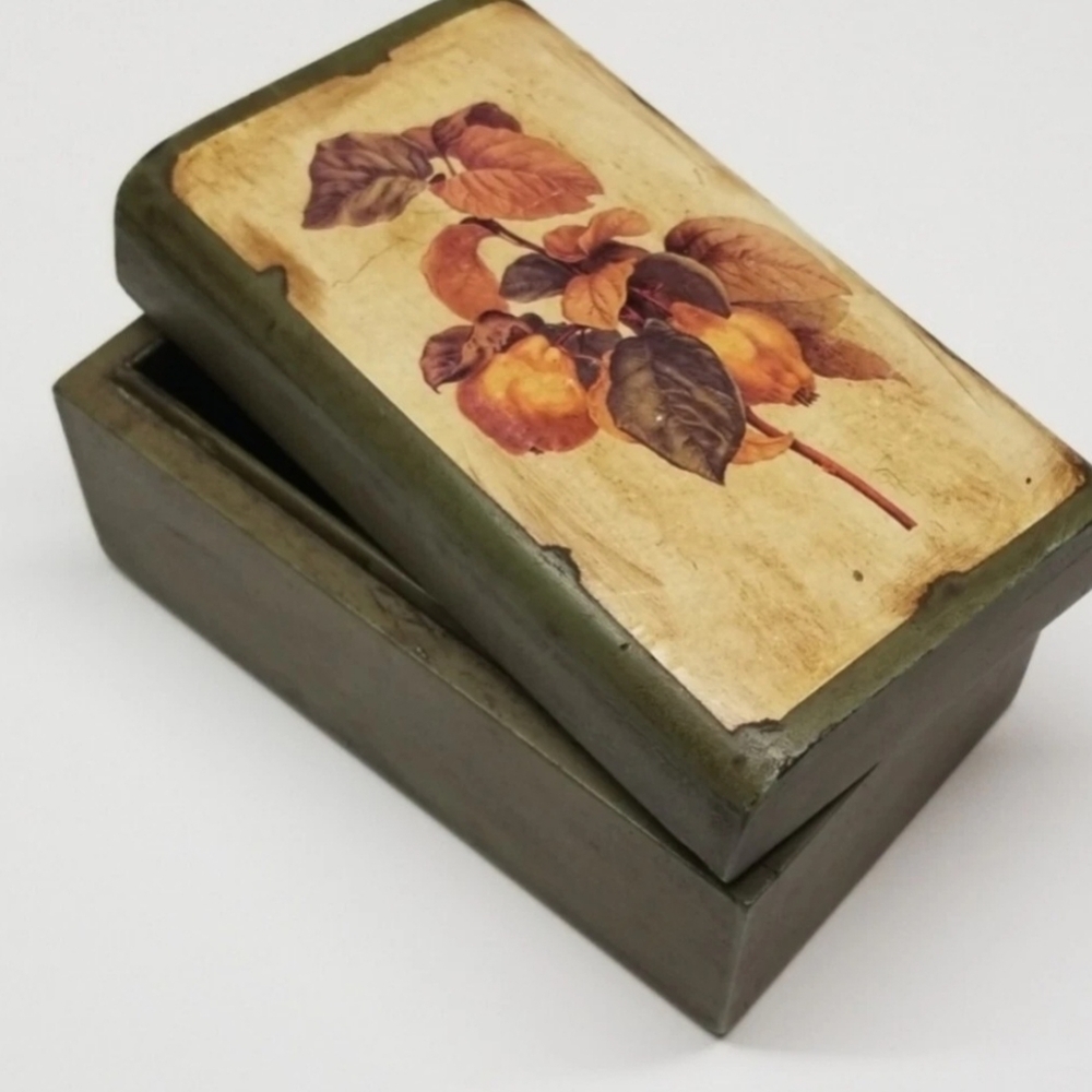 Wooden Lidded Trinket Jewelry Keepsake Box Green Stain, Decoupage Floral Top